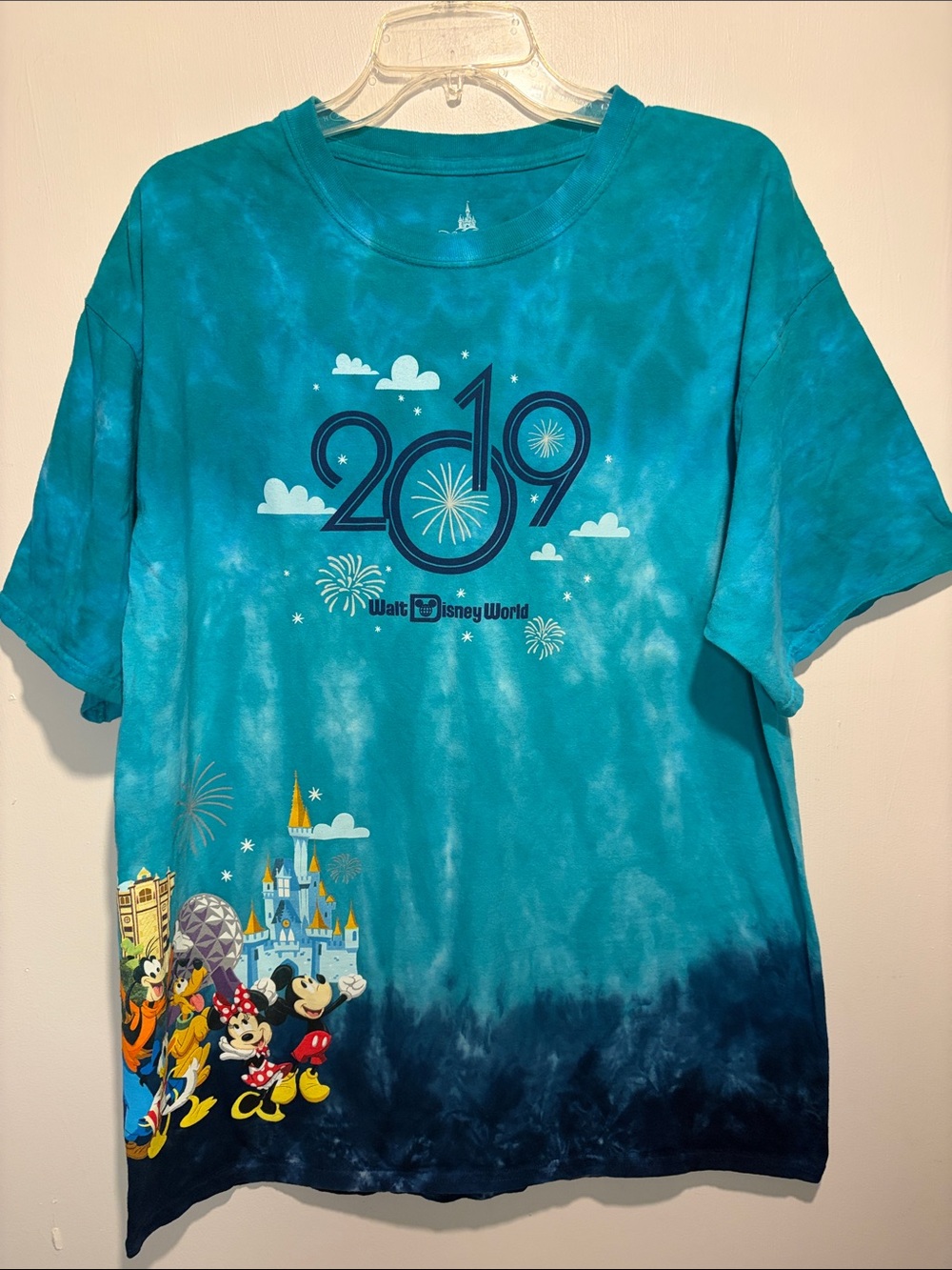 Disney Parks 2019 Tie Dye T-Shirt Blue Ombré Park Logo + Characters Unisex SZ XL